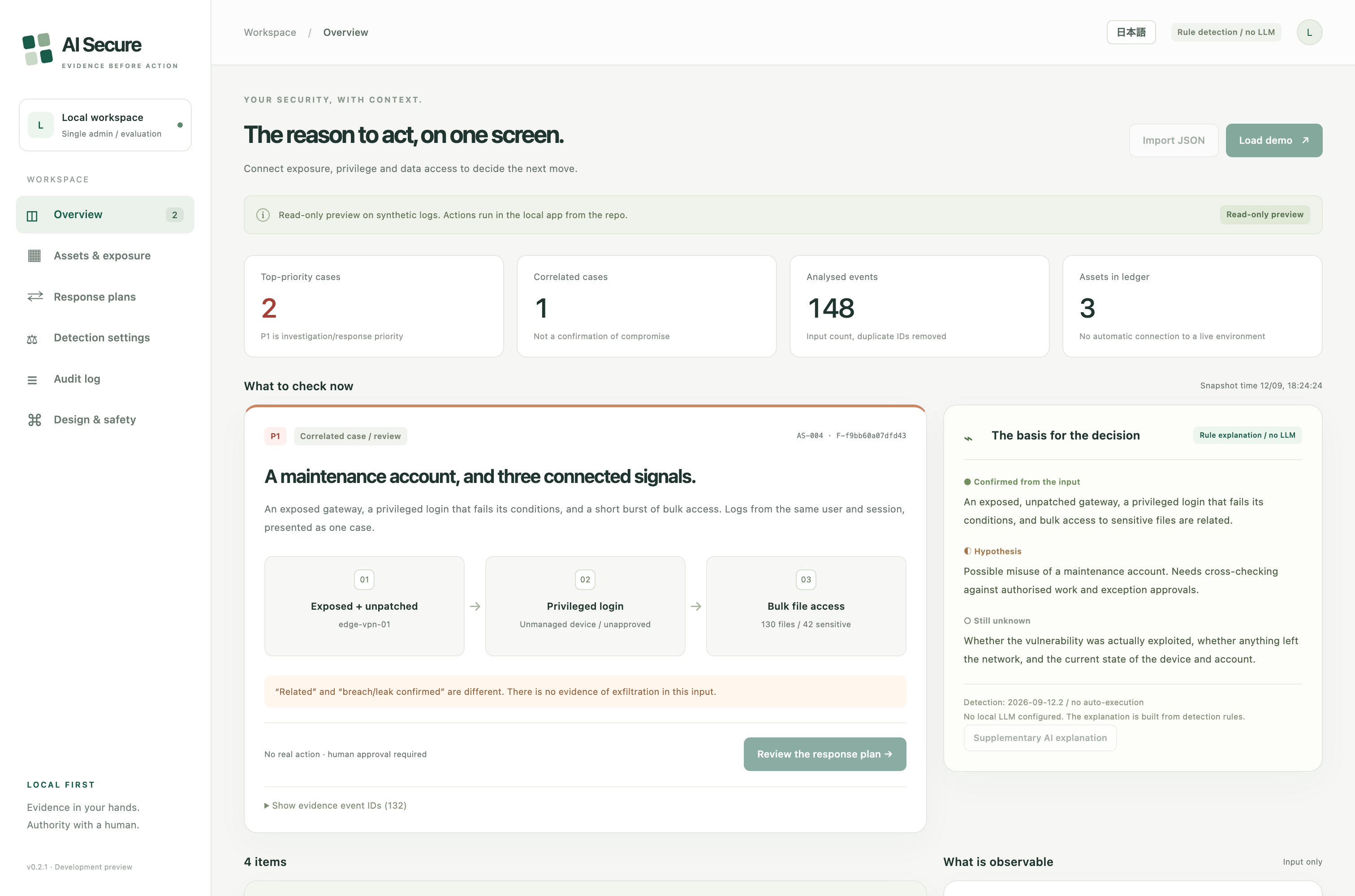 Triage screen showing a correlated case with its evidence