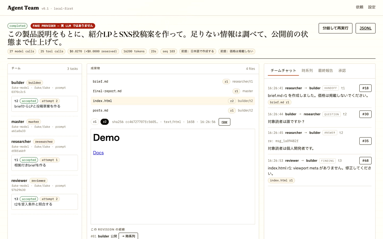 Run view: team column, artifact revisions with hashes, delivered messages