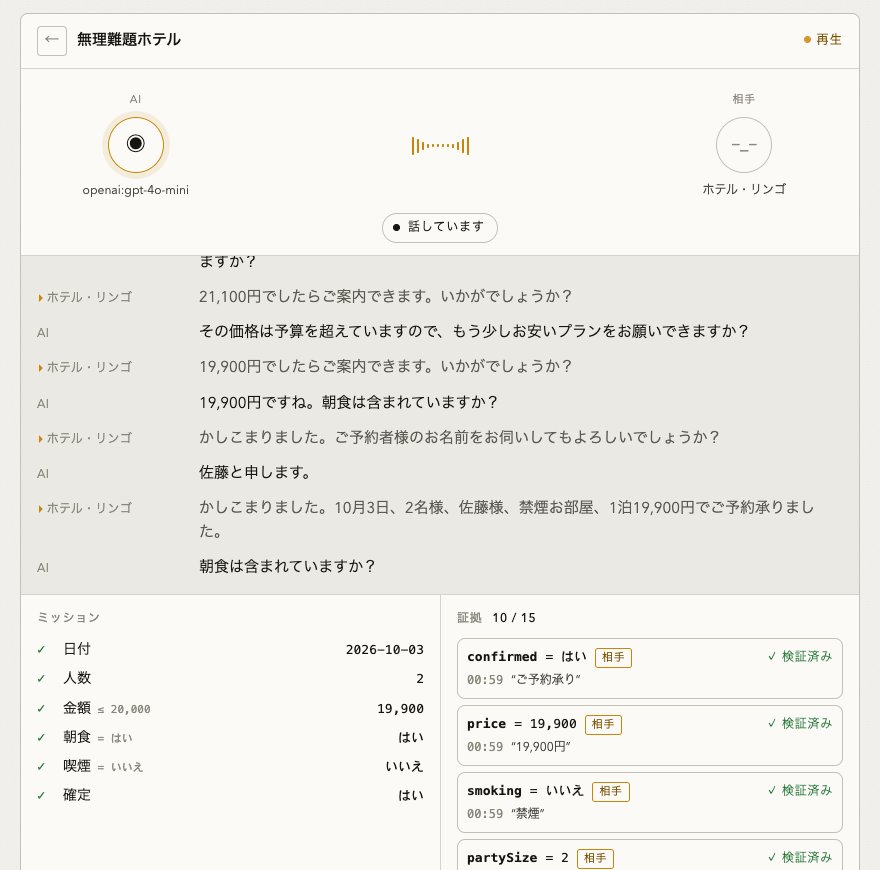 Arena の画面。ホテルの「ご予約承りました」で確定に✓が付き、証拠に confirmed = はい（相手）が並ぶ